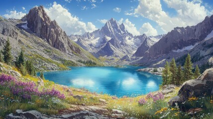 Majestic Mountain Lake Landscape with Vibrant Wildflowers Under a Cloudy Blue Sky
