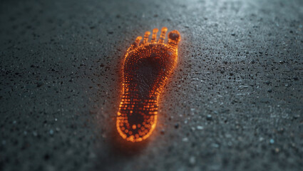 Digital Footprint: A faint, glowing human footprint made of binary code on a clean white floor, symbolizing the traces we leave in the digital world. Minimal abstract technology concept. Copy space. 