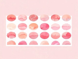 Palette of watercolor strokes in pink shade. Pink paint swatches, brush strokes set. Grungy splashes. Dab smears. Grunge ink labels.