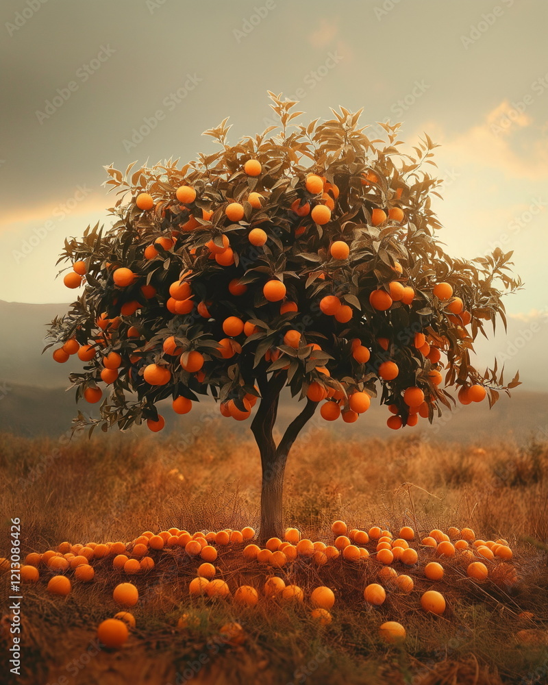 Poster tangerine tree with branches strewn with fruits. b_001