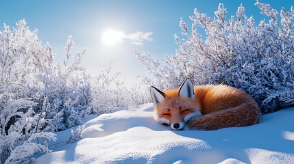 A red fox curled up in the snow under a clear blue sky, surrounded by frosty vegetation.