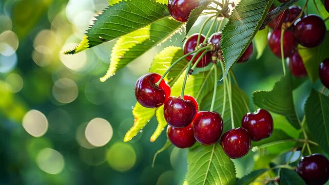 The Cherries on Tree Branch.