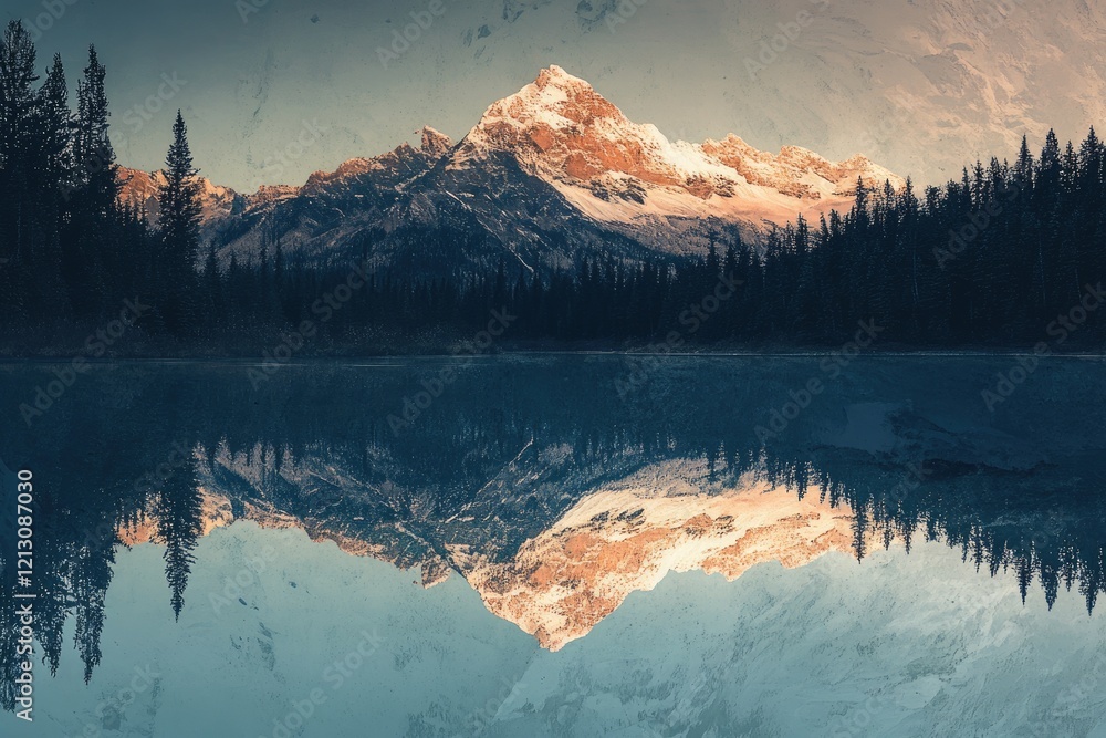 Wall mural Majestic snow-capped mountain reflected in a serene lake, surrounded by a tranquil evergreen forest.