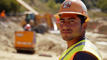 Fototapeta premium Hispanic construction worker with safety vest and hardhat on a construction site, face visible, other workers in background, heavy equipment in background. Safety at work, latin construction engineer.