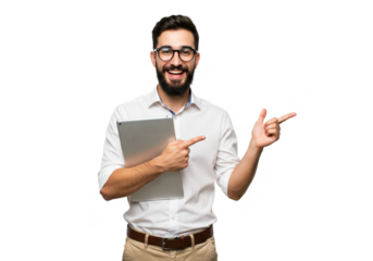 A cheerful young man with a beard, wearing glasses, a white shirt, and beige trousers, holding a tablet in one hand and pointing to the side isolated on transparent background