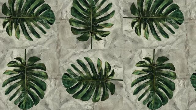 Tropical green leaf grid collage pattern animation