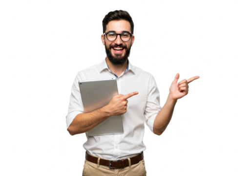 A cheerful young man with a beard, wearing glasses, a white shirt, and beige trousers, holding a tablet in one hand and pointing to the side isolated on transparent background