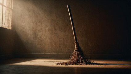 Witch broomstick casting shadow on two colors dark background. Minimal abstract Halloween and horror concept.	