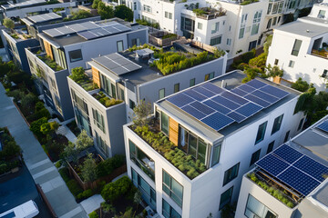 An aerial view of the roof with solar panels on modern eco-friendly, sustainable townhouses