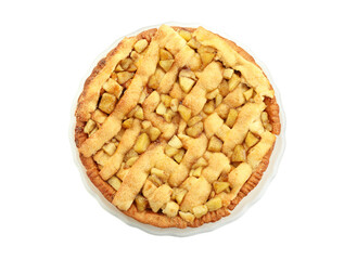 One tasty homemade apple pie isolated on white, top view