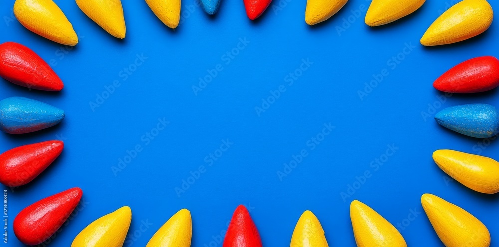 Poster spring greeting card with a flat lay style, showcasing tulips and daffodils on a blue background, al