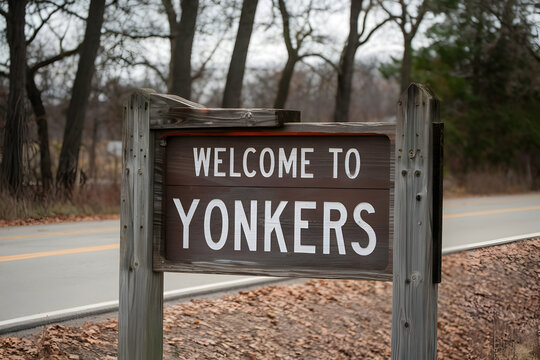 Rustic Wooden Welcome to Yonkers Sign with Vintage Charm, New York State Entry Marker, City of Yonkers Landmark, United States Travel Destination