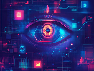 Obraz premium vibrant, high-tech illustration of a glowing eye with holographic rings and a scanning beam, surrounded by digital symbols representing security and data protection