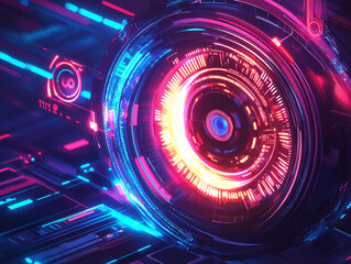 Glowing, colorful, and abstract design with a red circle in the center. The circle has a blue sign in it. Futuristic technology eye