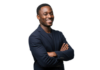 A confident man with short black hair, wearing a navy blazer and a dark shirt, standing with arms crossed and smiling warmly isolated on transparent background