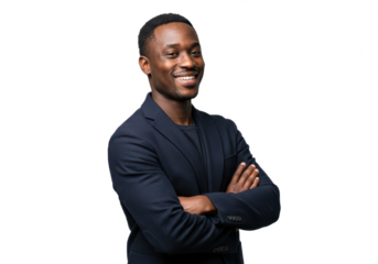 A confident man with short black hair, wearing a navy blazer and a dark shirt, standing with arms crossed and smiling warmly isolated on transparent background