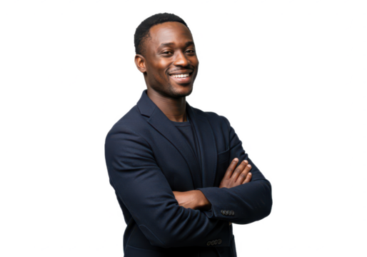 A confident man with short black hair, wearing a navy blazer and a dark shirt, standing with arms crossed and smiling warmly isolated on transparent background