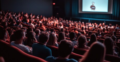 Un public assis dans un cinéma ou une salle de conférence regardant une vidéo d'entreprise sur un écran géant.