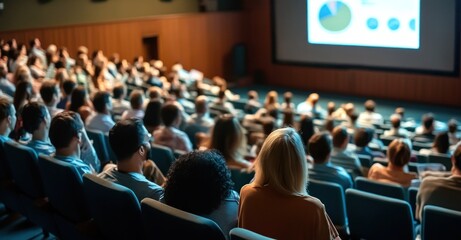 Naklejka premium Une présentation commerciale avec du public regardant sur un écran géant des graphiques et des diagrammes montrant des prévisions pour le développement d'un plan marketing.