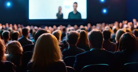 Un groupe de personnes assises dans un cinéma ou une salle de conférence regardant une vidéo d'entreprise sur un écran géant.