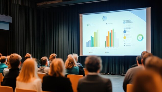 Une pr&eacute;sentation commerciale d'une entreprise avec du personnel regardant sur un &eacute;cran des graphiques et des diagrammes montrant des pr&eacute;visions pour le d&eacute;veloppement d'un plan marketing.