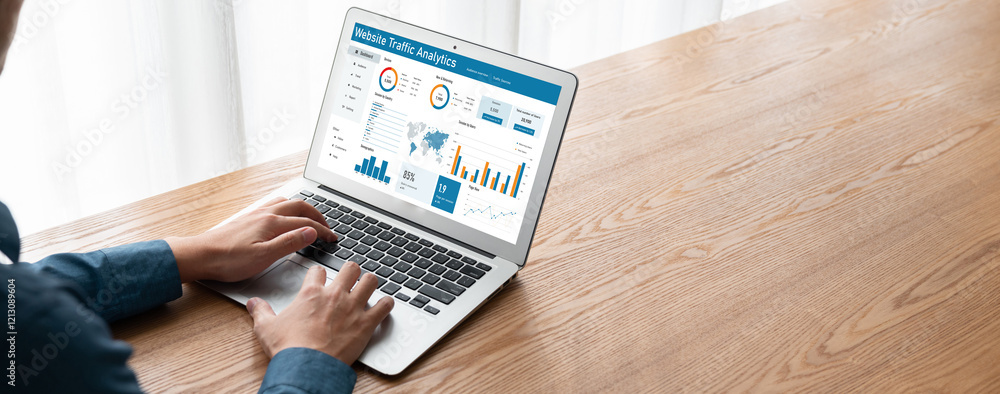 Poster computer software for website traffic analytics data on computer screen. concept of seo search engin