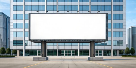 Obraz premium Large outdoor billboard mockup with a blank white screen in front of a modern glass building. The spacious setting offers a professional and clean background for advertisement purposes.