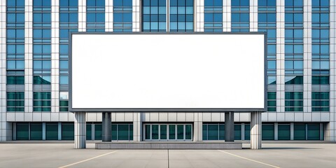 Obraz premium Large outdoor billboard mockup with a blank white screen placed in front of a modern glass building. Perfect for showcasing advertisements with a professional urban backdrop.