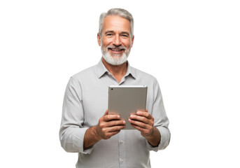 A mature man with short gray hair and a beard, wearing a light gray shirt, holding a tablet and smiling warmly isolated on transparent background