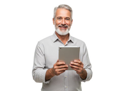 A mature man with short gray hair and a beard, wearing a light gray shirt, holding a tablet and smiling warmly isolated on transparent background