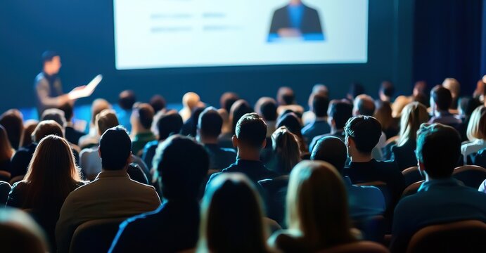 Un groupe de personnes assises dans un auditorium ou une salle de conf&eacute;rence &eacute;coutant un intervenant r&eacute;alisant une pr&eacute;sentation sur un &eacute;cran g&eacute;ant.