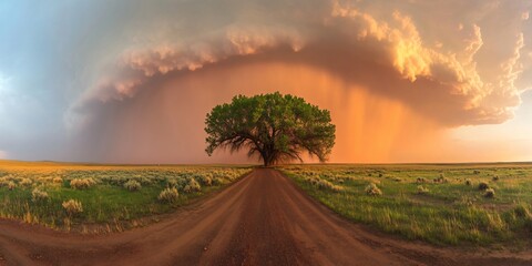 Majestic Tree on Dirt Road Dramatic Sunset Stormy Sky Landscape