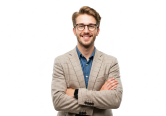 A young man with light brown hair, wearing glasses, a checkered beige blazer, and a blue shirt, standing with arms crossed and smiling isolated on transparent background