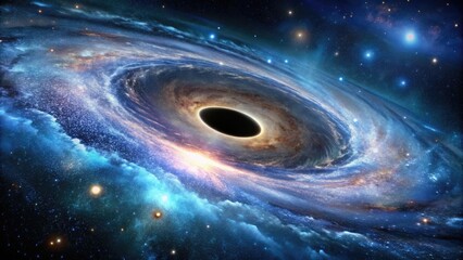An eerie galaxy with dark matter and black holes in the foreground, dark matter, asteroid belt