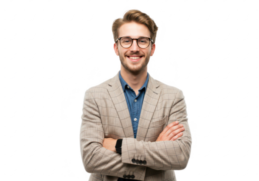 A young man with light brown hair, wearing glasses, a checkered beige blazer, and a blue shirt, standing with arms crossed and smiling isolated on transparent background