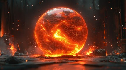 Obraz premium Burning Earth in fiery industrial ruins, sparks flying.