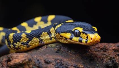 Obraz premium Close-Up Of Boiga Snake Dendrophila With Yellow Rings Showcasing Animal Attack In Title Case, With Head Of Boiga Dendrophila Highlighted.