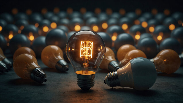  A single glowing light bulb standing upright on a plain gray surface, surrounded by unlit bulbs lying flat, symbolizing individuality and innovation. Copy space.