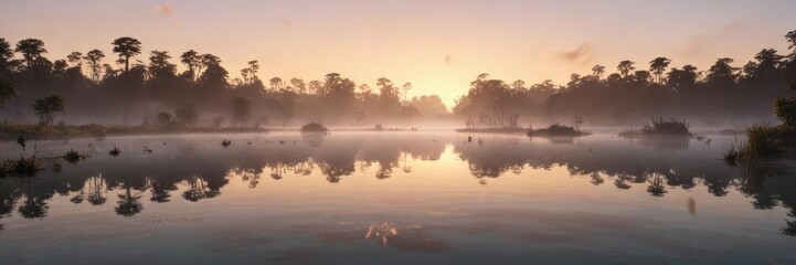 Fototapeta premium A still lagoon at sunrise with mist covering the water, hazy sky, calm atmosphere, natural beauty