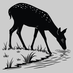 a deer drinking from a stream silhouette vector design art and illustration