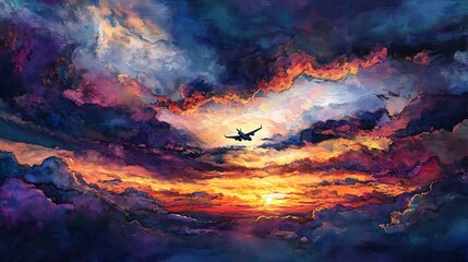Airplane crossing a radiant horizon lit by vivid sunset clouds