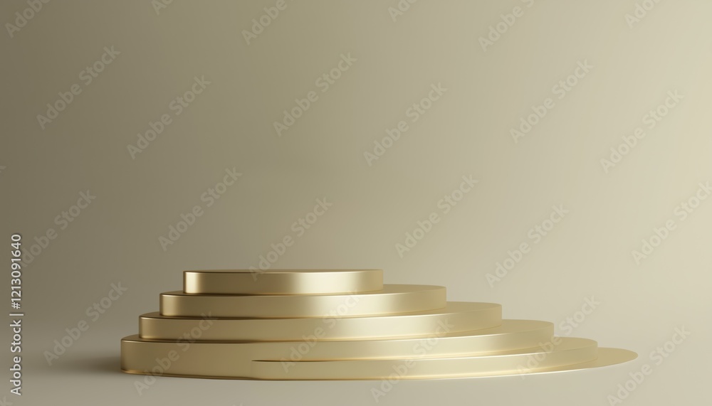 Poster gold product with geometric shapes and pedestal empty on five floors: circle wall shape, gradient fr