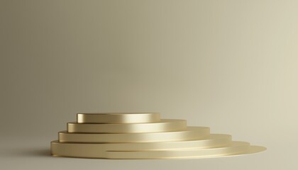 Obraz premium Gold Product With Geometric Shapes And Pedestal Empty On Five Floors: Circle Wall Shape, Gradient From Small To Large, Platform Composition For Presentation Render.