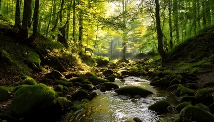 Idyllic woodland with a calm stream, moss-covered stones, and dense green foliage