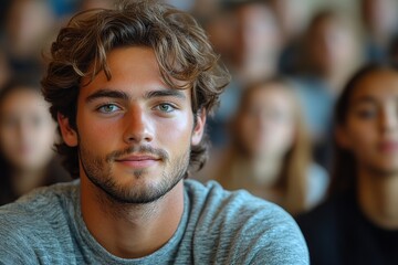 Student listens to a lecture in large auditorium
