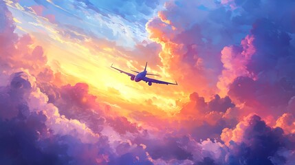 Fototapeta premium Plane navigating through a serene sky painted with colorful sunset clouds