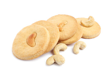 Tasty cashew cookies and nuts isolated on white