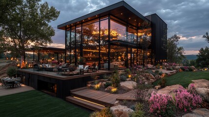 Obraz premium Modern glass house, hilltop evening. Landscaped yard, outdoor seating. Luxury real estate