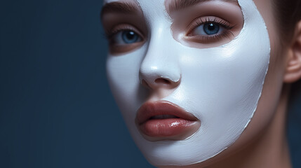 Woman with on her face. Face, , blue, background girl, cosmetics, white, mask. Girl with a white mask and cosmetics. A girl with a blue and white mask with blue and white cosmetics on face. Lifestyle.
