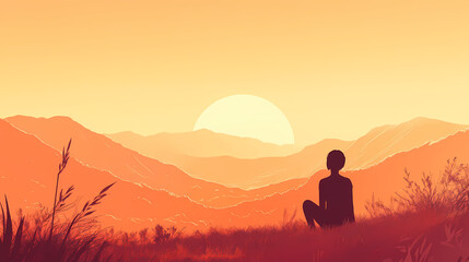 Fototapeta premium A serene image of a person sitting quietly on a hill overlooking a valley at dusk. Serene Valley. Illustration